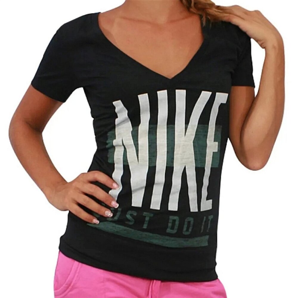 Nike Vacant Short Sleeve Deep V-Neck Slim Fit Black Logo Tee T-Shirt Top S Small